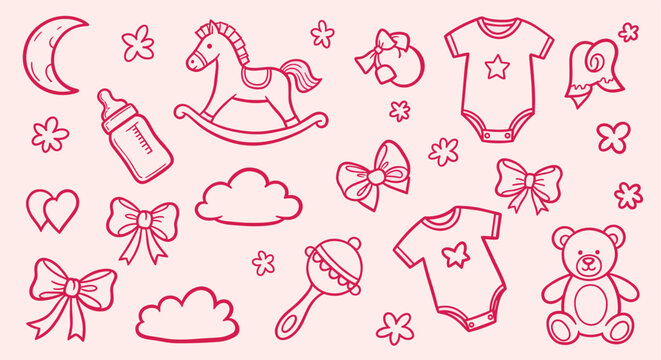 Baby shower doodle set with cute nursery elements and toys
