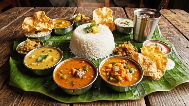 Top Down View of Vibrant South Indian Thali Meal on Banana Leaf