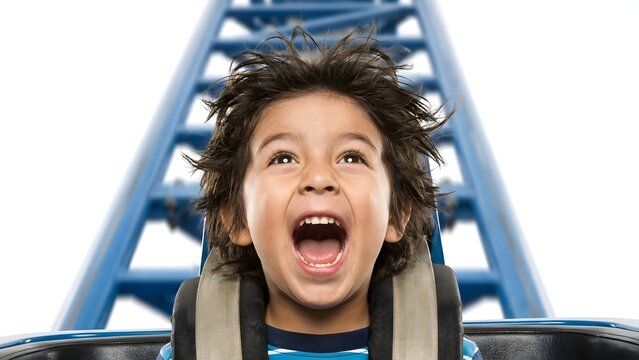 A young child screams with excitement while riding a thrilling rollercoaster up a steep blue track