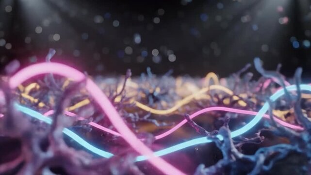 A dramatic, futuristic image evokes technological innovation and complex systems. Ideal for illustrating concepts like AI, data streams, and interconn