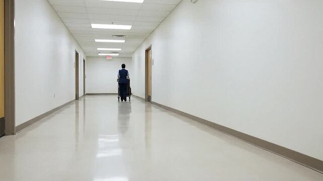 Hospital corridor with janitor pushing cleaning cart with clean, healthcare, and work.