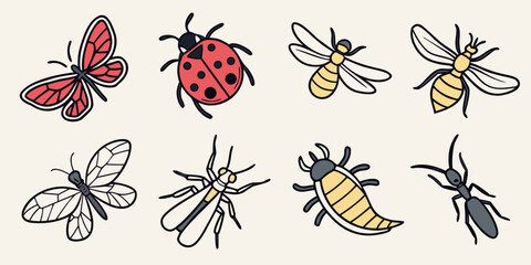 a collection of eight insects including a butterfly and a ladybug Vector © Abu