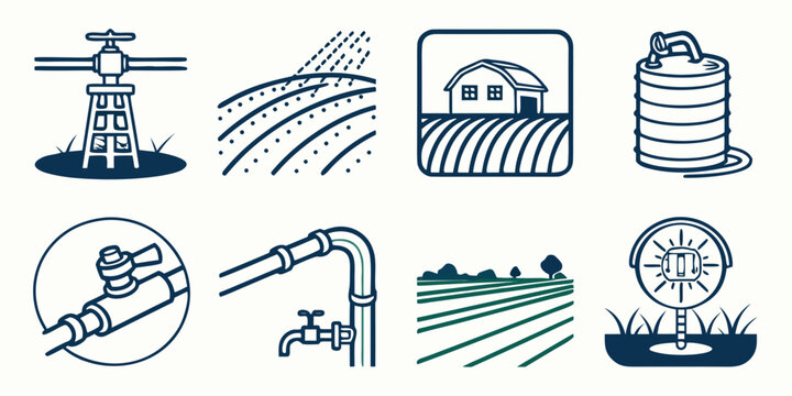 a collection of blue icons related to farming and irrigation Vector
