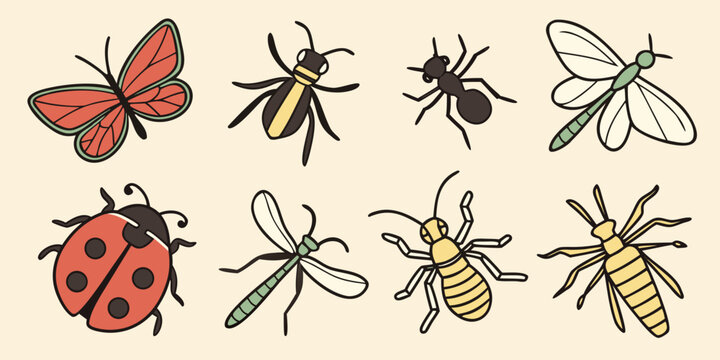 a group of insects including a butterfly and a ladybug Vector