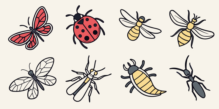 a collection of eight insects including a butterfly and a ladybug Vector