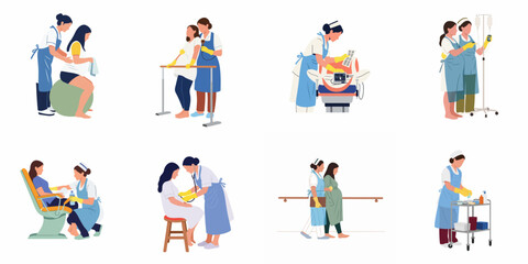 Fototapeta premium Collection of flat vector illustrations depicting various maternal care services, prenatal checkups, and assistance during labor by healthcare professionals in a hospital setting.