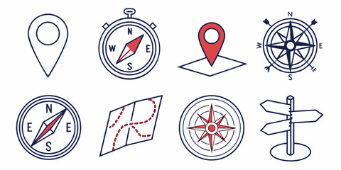 collection of navigation icons including compasses and map markers Vector © Abu