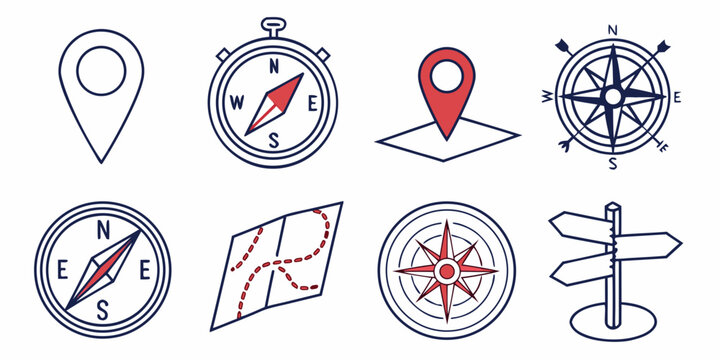 collection of navigation icons including compasses and map markers Vector