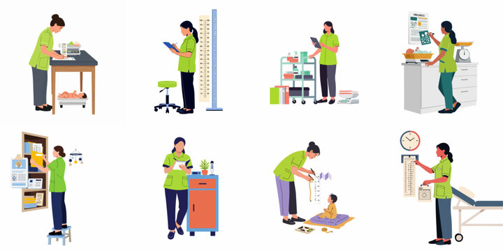 Medical nurse performing infant healthcare tasks including weighing, measuring, and record keeping, vector illustration set isolated on white background.