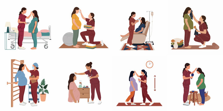 Vector illustration set showing a midwife or nurse providing support and medical care to pregnant women in hospital and home settings during labor.