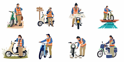 Fototapeta premium Set of illustrations featuring a female community health worker using a motorcycle for rural outreach, navigation, and medical service delivery in remote locations.