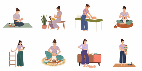 Fototapeta premium A series of illustrations showing a mother or therapist performing gentle infant massage and various baby care routines for wellness and bonding.