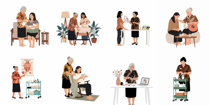 Collection of illustrations depicting professional postpartum care, breastfeeding support, and newborn guidance provided by a doula or midwife for new mothers.