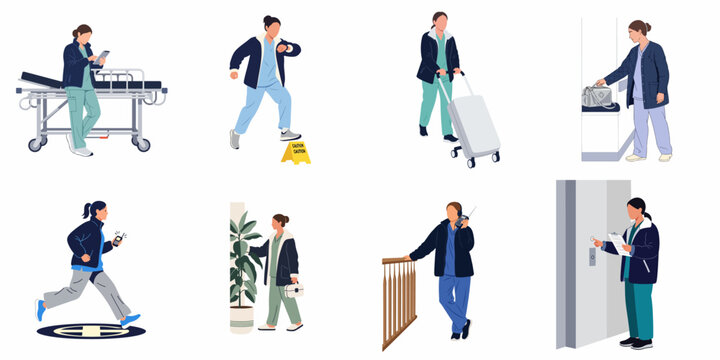 Collection of medical staff flat vector illustrations depicting healthcare professionals in various busy hospital scenarios, including nurses performing tasks and coordinating care.