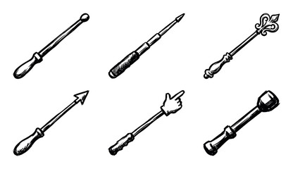 Naklejka premium Collection of six hand-drawn sketch style pointers, wands, and indicators, each with a unique design and handle.