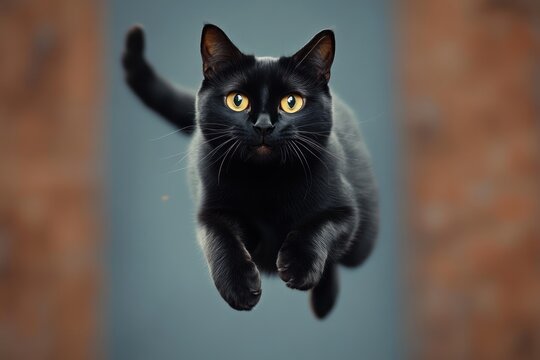 Focused black cat leaping toward camera midair with wide golden eyes and outstretched paws, playful energetic jump against a softly blurred background