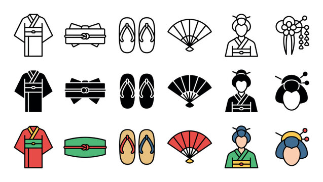Collection of traditional Japanese cultural icons including kimonos, sandals, folding fans, and geisha figures, presented in outline, solid, and colored styles.