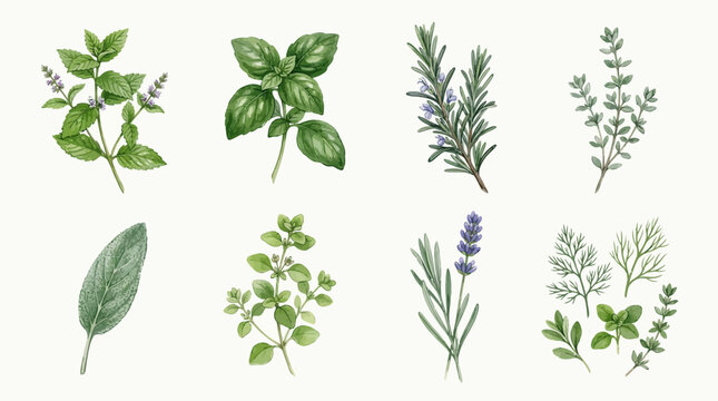 Watercolor collection of fresh culinary herbs including basil, mint, rosemary, thyme, sage, oregano, lavender, and dill isolated on white textured background.