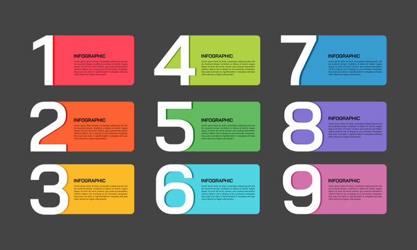 9 Steps Modern Dark Business Infographic Template for Presentation. Vector illustration.