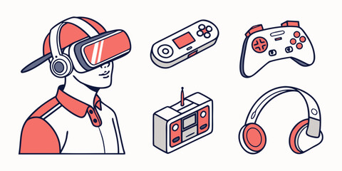a man wearing virtual reality goggles and various gaming devices Vector © Lap