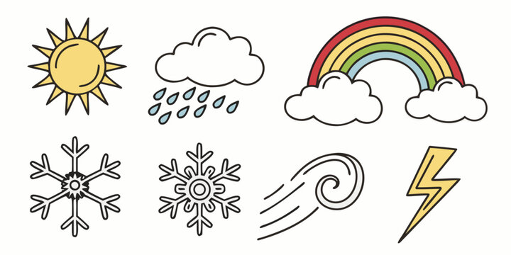 a set of weather icons including sun, rain, rainbow, snow, wind, and lightning Vector