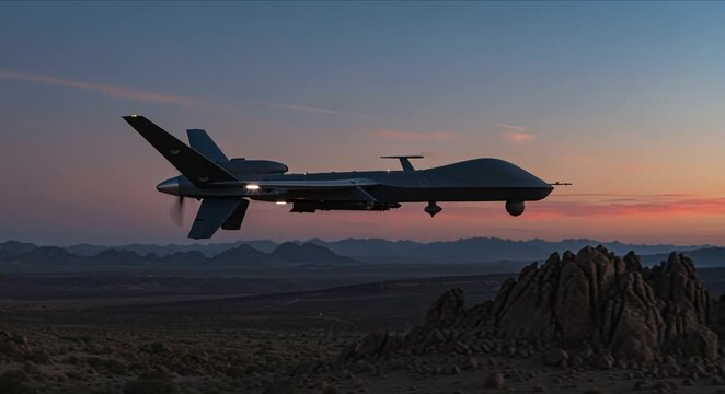 anonymous delta wing suicide drone flying low over rocky desert terrain at dusk