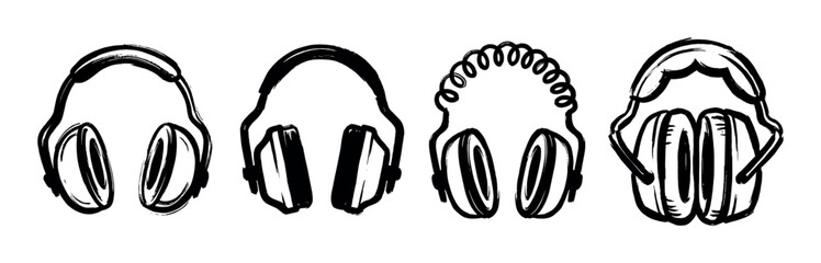 Fototapeta premium Collection of hand-drawn headphone illustrations in various styles, representing audio technology and music listening.