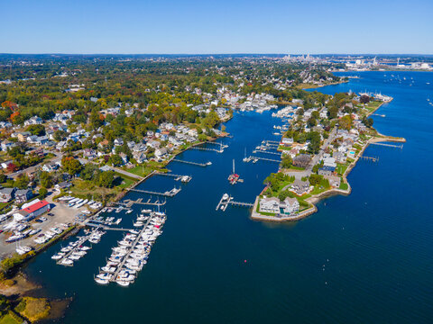 Pawtuxet Cove aerial view in the village in fall between city of Cranston and Warwick, Rhode Island RI, USA. Here is Pawtuxet River mouth to Providence River. 
