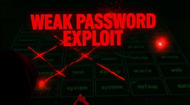 Hooded hacker actively exploiting multiple weak passwords displayed on a digital screen, emphasizing cybersecurity threats.