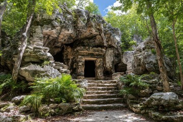 Ancient Stone Temple Entrance with Stone Staircase Surrounded by Lush Green Forest and Bright Sunlight Filtering Through Trees