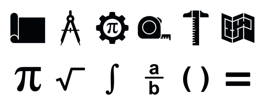 Comprehensive collection of black silhouette icons representing various mathematical symbols and essential engineering tools for education and design.