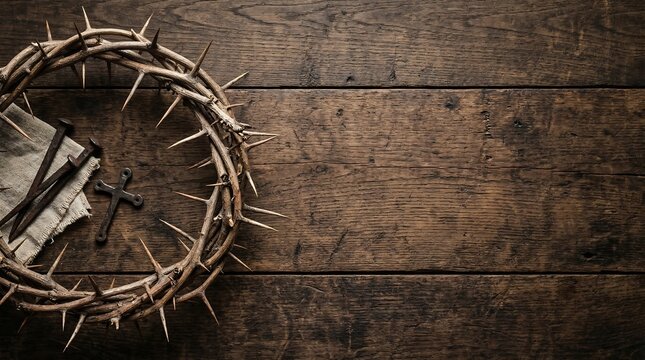Crown of Thorns with Iron Nails on Dark Rustic Wooden Background &ndash; Good Friday Crucifixion Concept