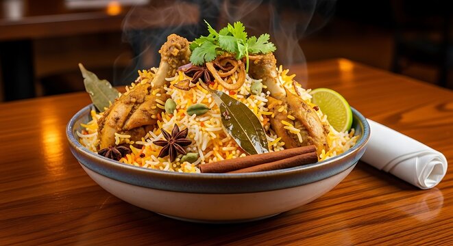 delicious biryani dish with chicken and spices on wooden table
