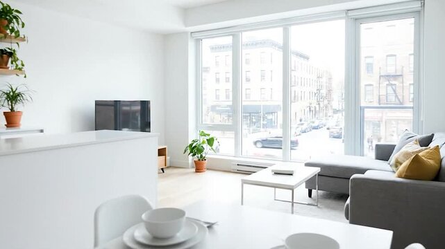 Modern apartment interior with For SaleRent sign with bright living space with city view.
