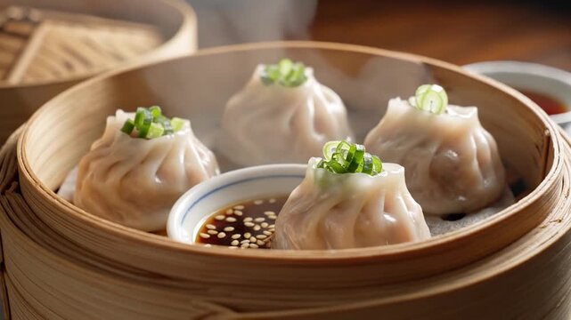 Freshly steamed dumplings garnished with green onions in a bamboo basket.