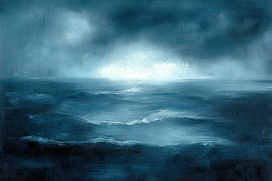 Stormy blue seascape with rolling waves under dark clouds and a pale glow on the horizon, evoking somber awe and quiet melancholy