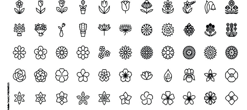 Floral alphabet set with decorative black silhouette flowers and ornamental circular gear shapes in a seamless vector pattern design illustration