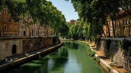 Sunlit historic European canal lined with lush green trees and ancient stone buildings on a bright summer day with clear blue sky above reflecting on the calm water surface