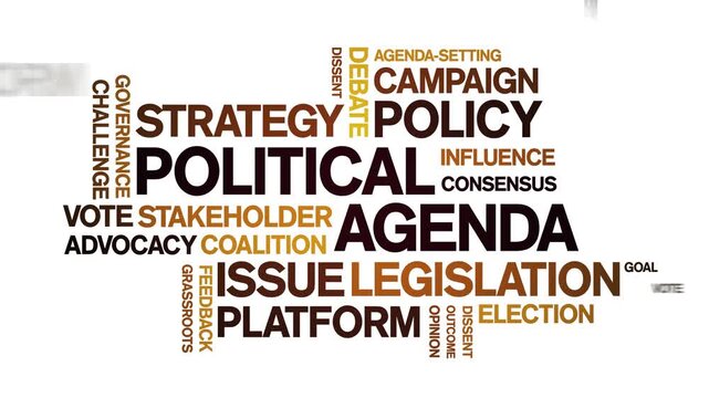 Political Agenda animated word cloud-text design animation tag kinetic typography seamless loop.