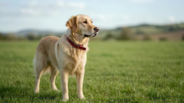 Capture a golden retriever standing gracefully in a lush green field, with a gentle breeze swaying the grass, as the camera slowly pans to reveal a serene, cinematic landscape.