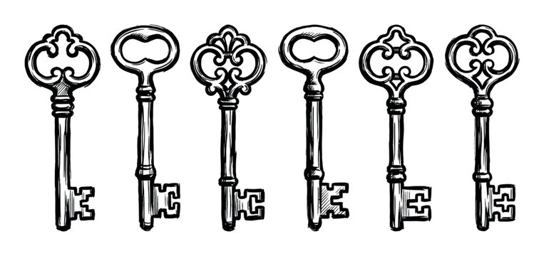Six hand-drawn vintage skeleton keys are arranged in a row, showcasing their intricate and ornate designs.