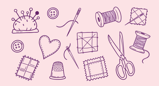 Hand drawn sewing and tailoring equipment set on pink background