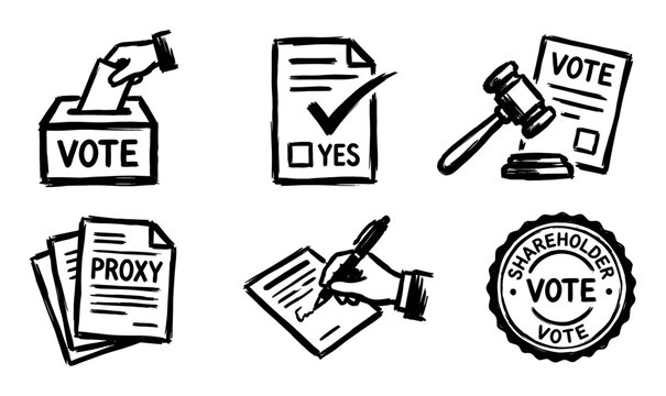 Hand-drawn collection of voting and election icons representing democratic processes and corporate shareholder decisions.