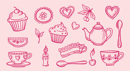 Hand drawn doodle set of tea party elements and sweet treats