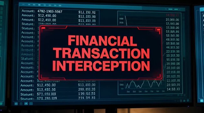 Hooded cybercriminal actively typing on a keyboard, performing financial transaction interception displayed across multiple computer screens