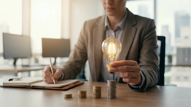 A business professional thoughtfully examines a glowing light bulb while writing notes, featuring a gentle camera pan and ambient office scene motion, in a cinematic style focused on innovation and fi
