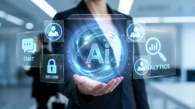 A business professional showcases interactive AI analytics through holographic displays, featuring steady camera tracking and ambient office motion, in a sleek, cinematic style.