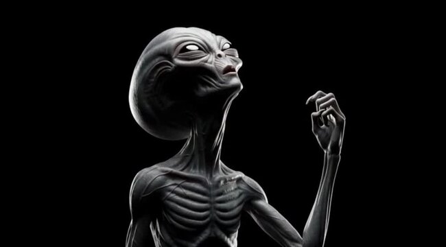 Grey Alien Extraterrestrial Humanoid Cinematography. Cinematic shot of a classic grey alien figure in dark space.