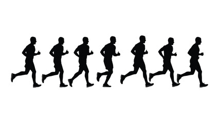 Fototapeta premium A series of black silhouette running figures in various motion postures on white background for fitness and sports illustration