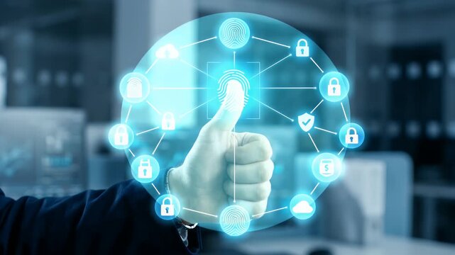 A professional hand displaying a thumbs-up gesture transitions into a digital security interface, featuring biometric authentication icons, with a slow pan showcasing a modern office environment in a 